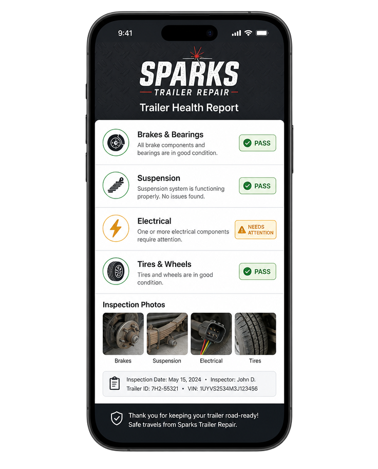 Preview of the SPARKS Trailer Repair digital trailer health report on a phone