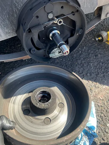 Trailer hub and spindle during bearing replacement