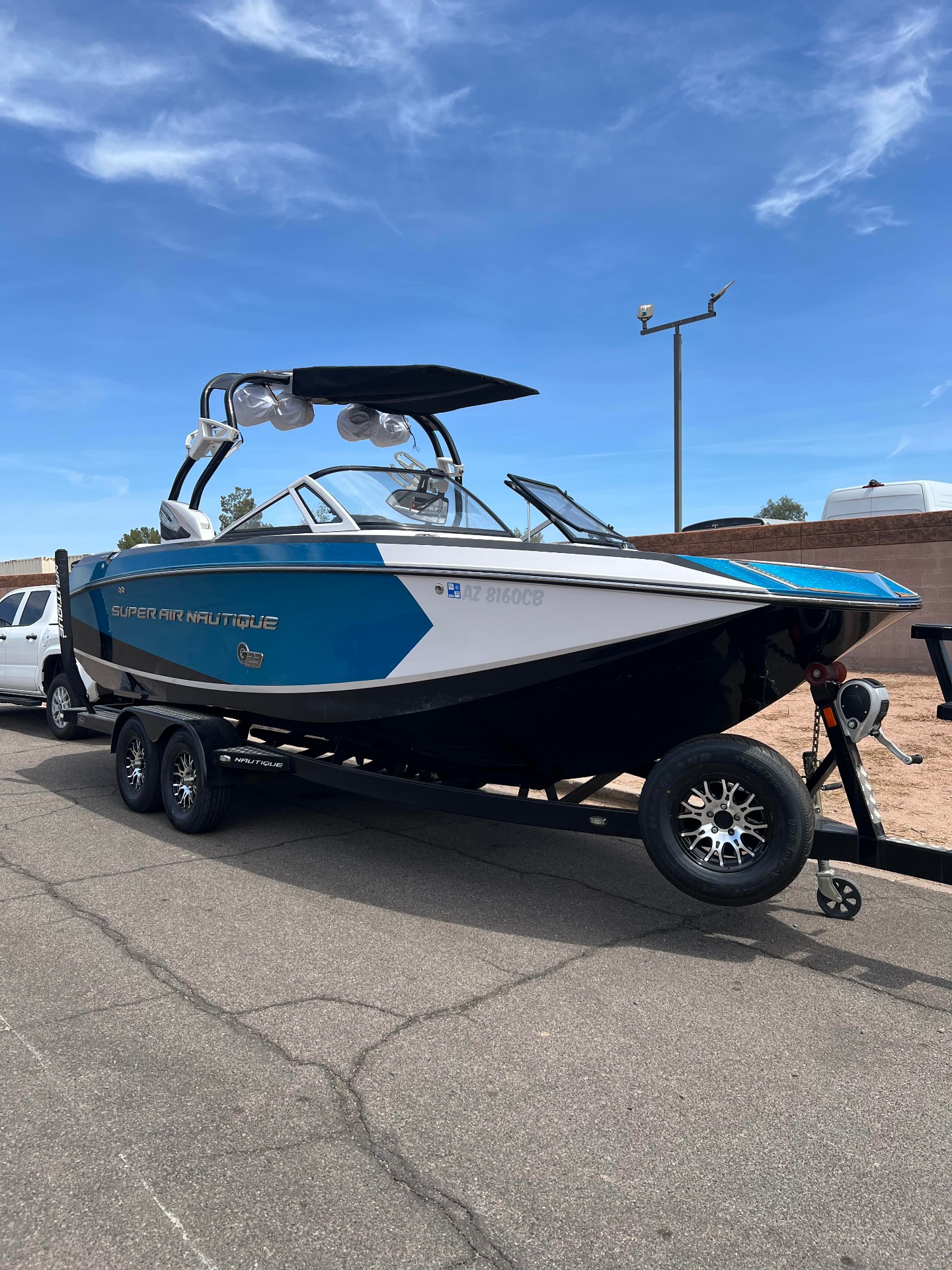 Super Air Nautique G23 on tandem-axle trailer serviced in our shop